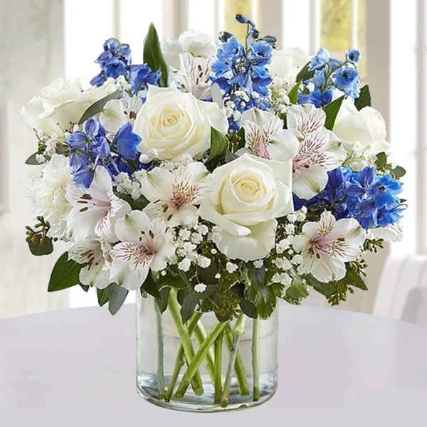 Blue and White Floral Bunch In Glass Vase