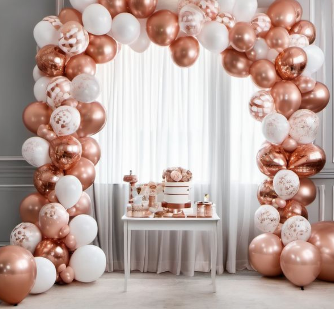 Birthday party decoration with balloons and lights