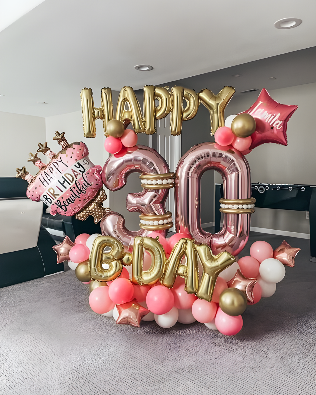 Happy birthday and numeric balloons decor