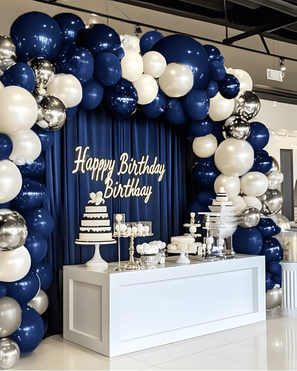 Happy Birthday Blue and Silver Balloon Decor