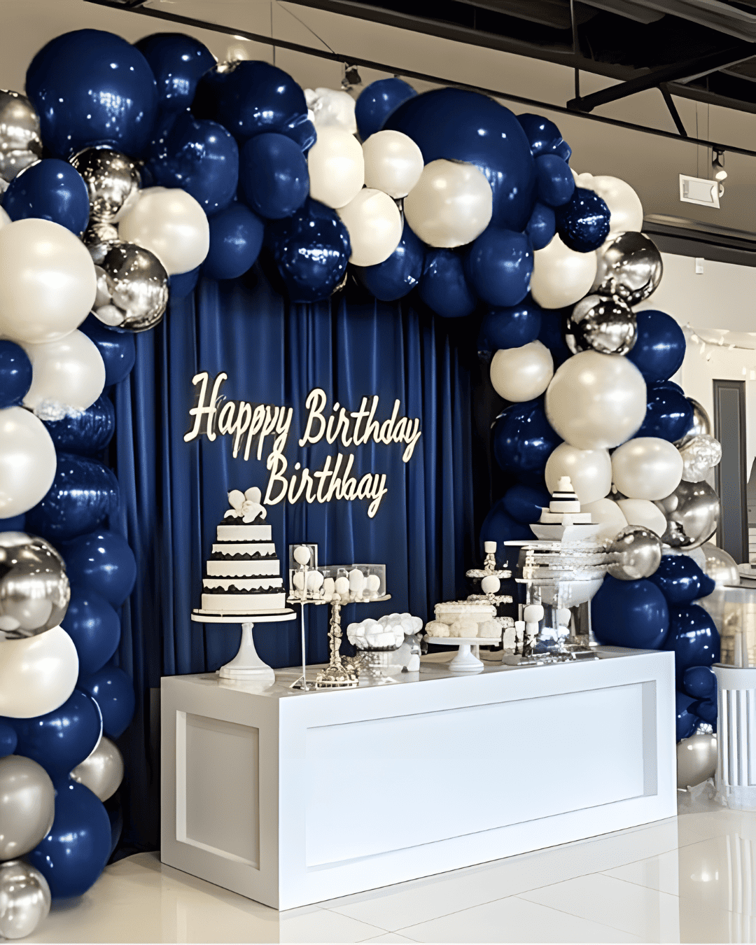 Happy birthday blue and silver balloon decor
